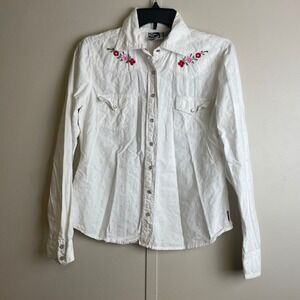 Y2K Roxy Womens White Eyelet Floral Embroidered Western Snap Shirt